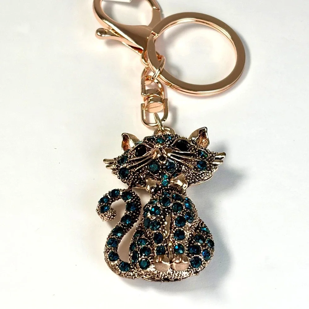 Whimsical Keychain Cat‎ Emerald Teal Rhinestone Gold Boho Bag Charm Gift Kitty